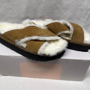 Papillio Brown Suede Slippers with Cream Faux Fur